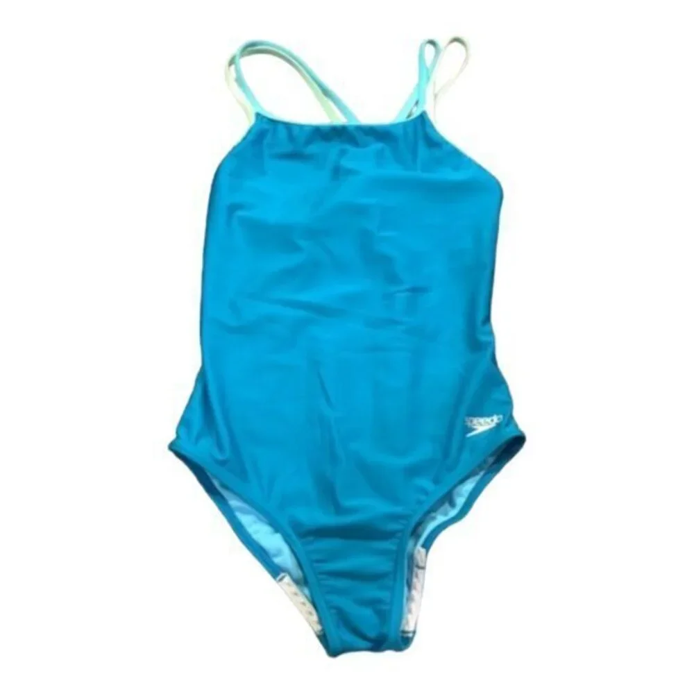 Girl's Speedo Criss Cross Swimsuit Teal Double Strap Size 12 EUC #7253
